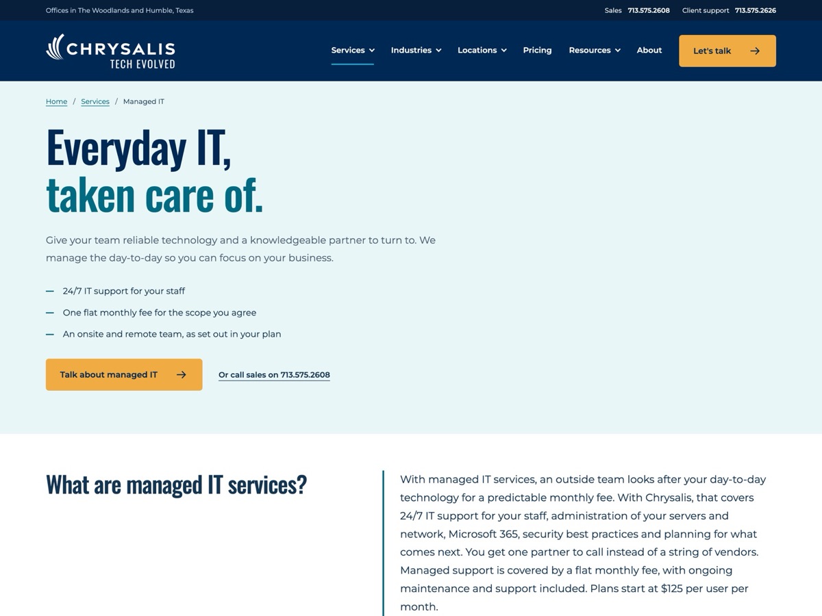 New Chrysalis managed IT page with the headline Everyday IT, taken care of and three facts: 24/7 support, one flat monthly fee, an onsite and remote team.