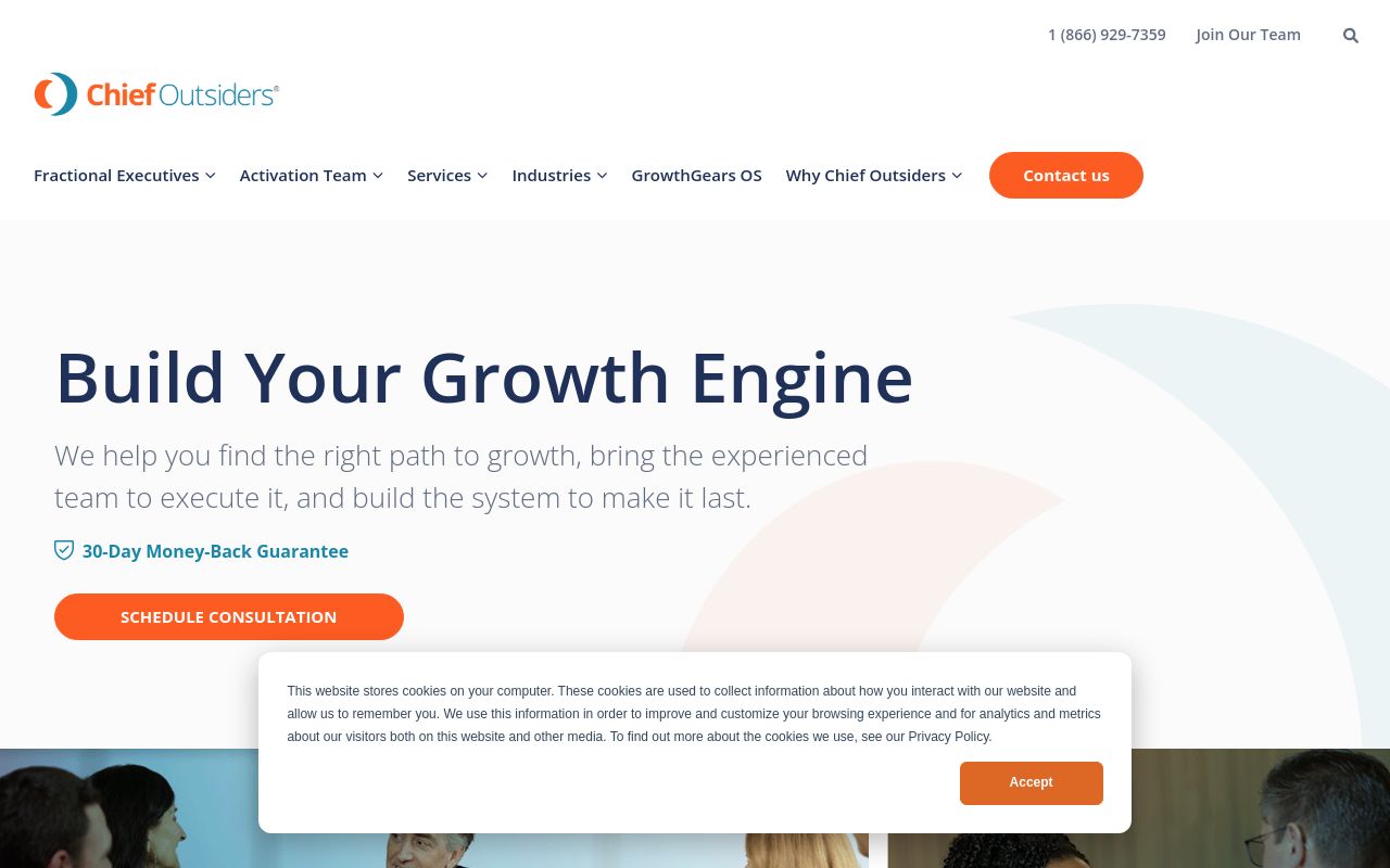Homepage of chiefoutsiders.com, the fractional executive firm Kelley Marko works through