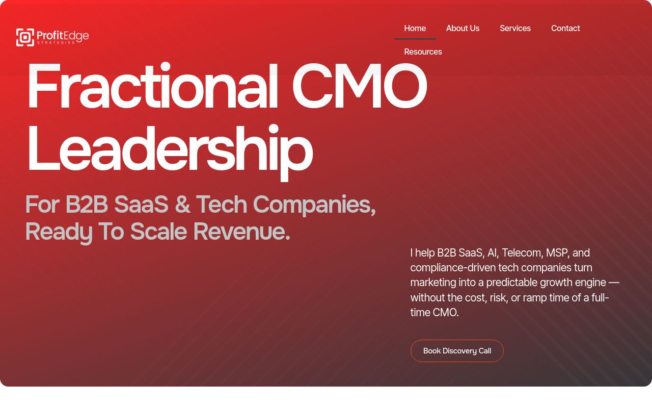Homepage of profitedgestrategies.com, the fractional CMO practice founded by Jolynn Applebaum