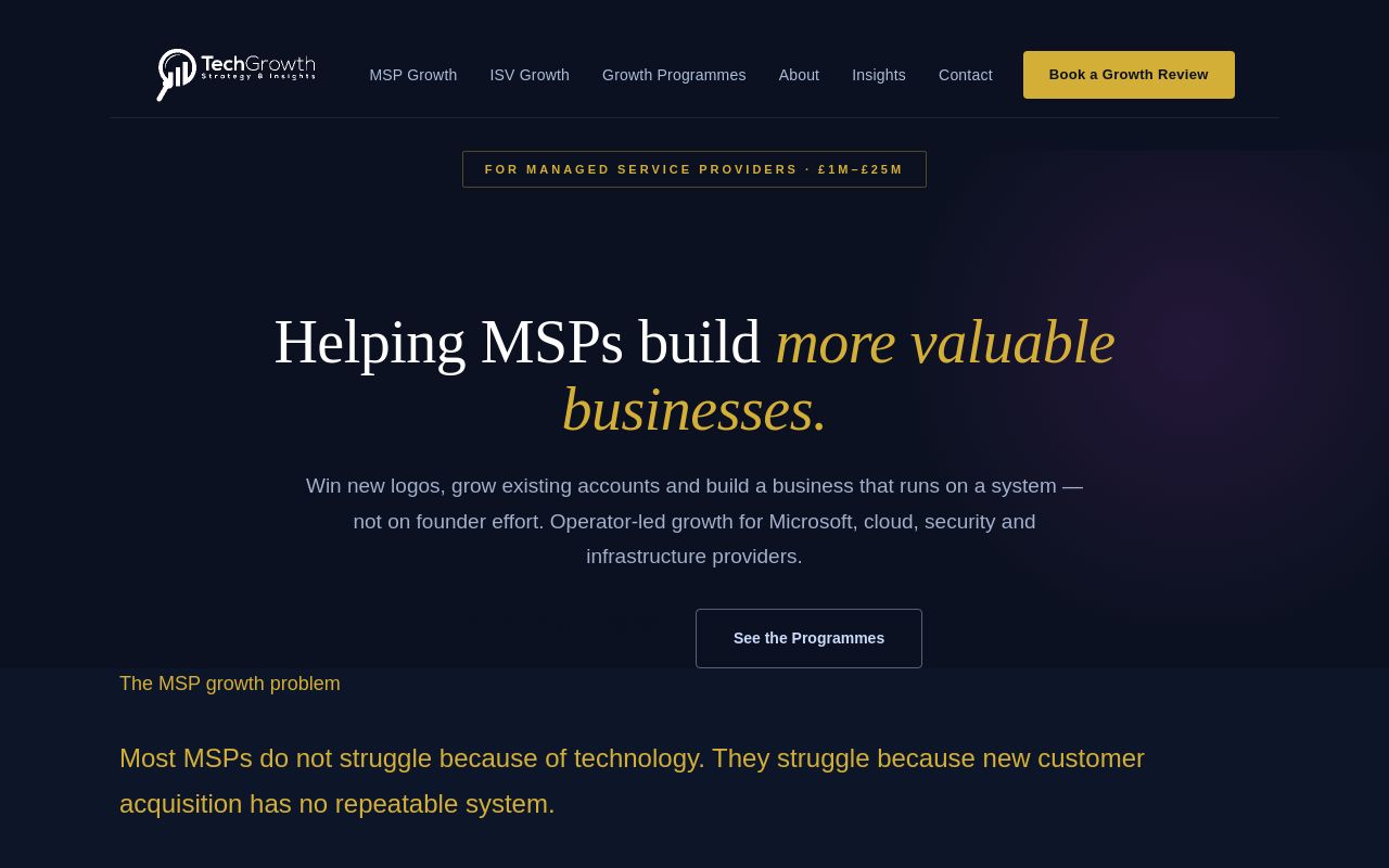 Homepage of techgrowthinsights.com, the MSP growth practice founded by Michael Williamson