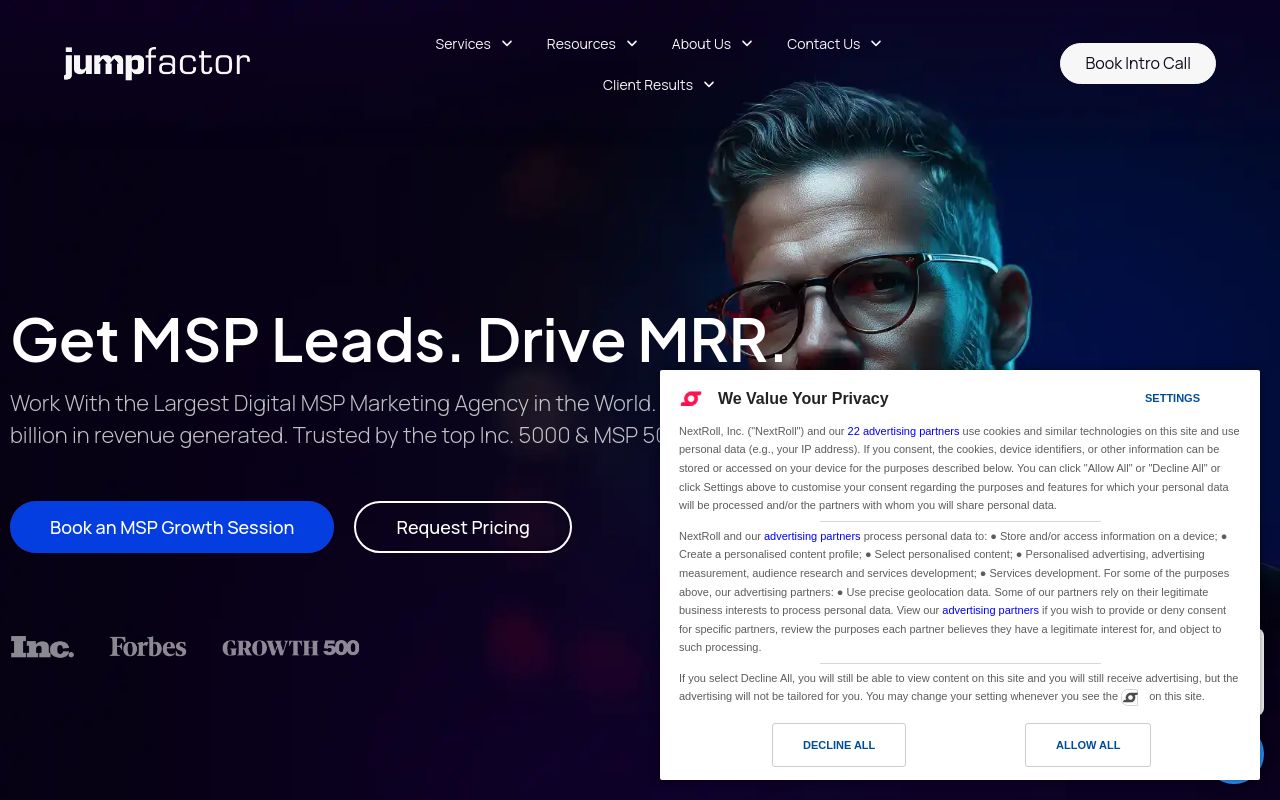 Jumpfactor homepage on 31 July 2026 with the headline Get MSP Leads Drive MRR