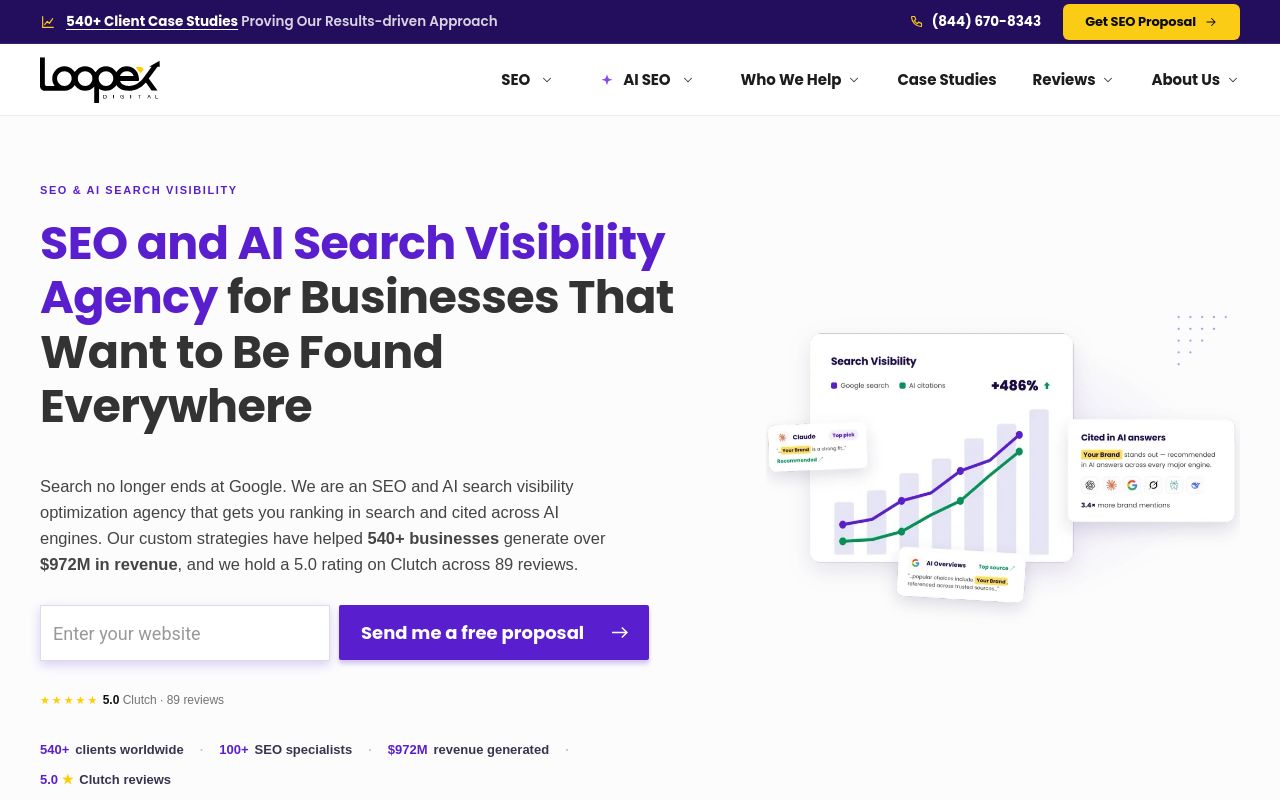 Loopex Digital homepage on 31 July 2026 showing SEO and AI SEO service navigation