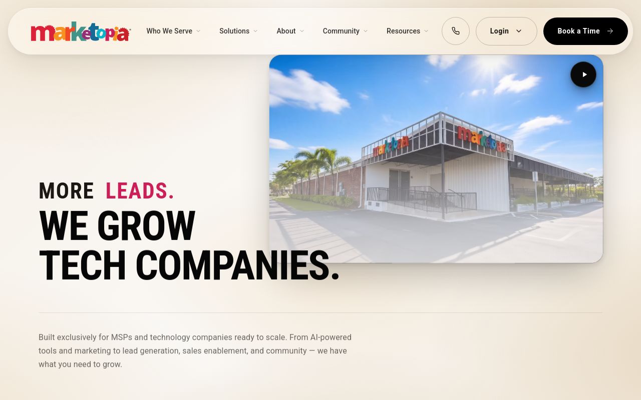 Marketopia homepage on 31 July 2026 showing solutions for MSPs and technology companies