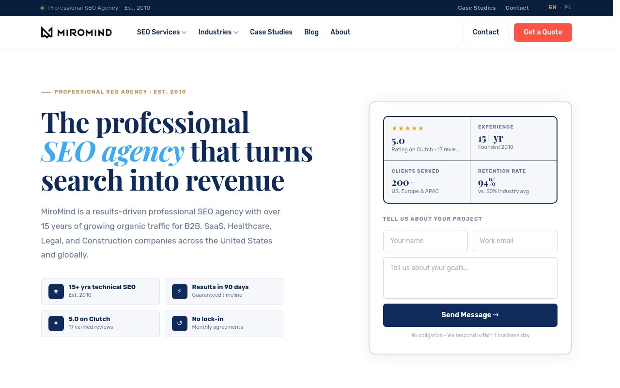 MiroMind homepage on 31 July 2026, a professional SEO agency established 2010