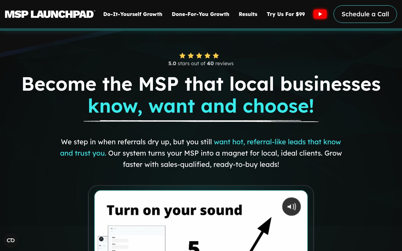 MSP Launchpad homepage on 31 July 2026 offering local lead generation for MSPs