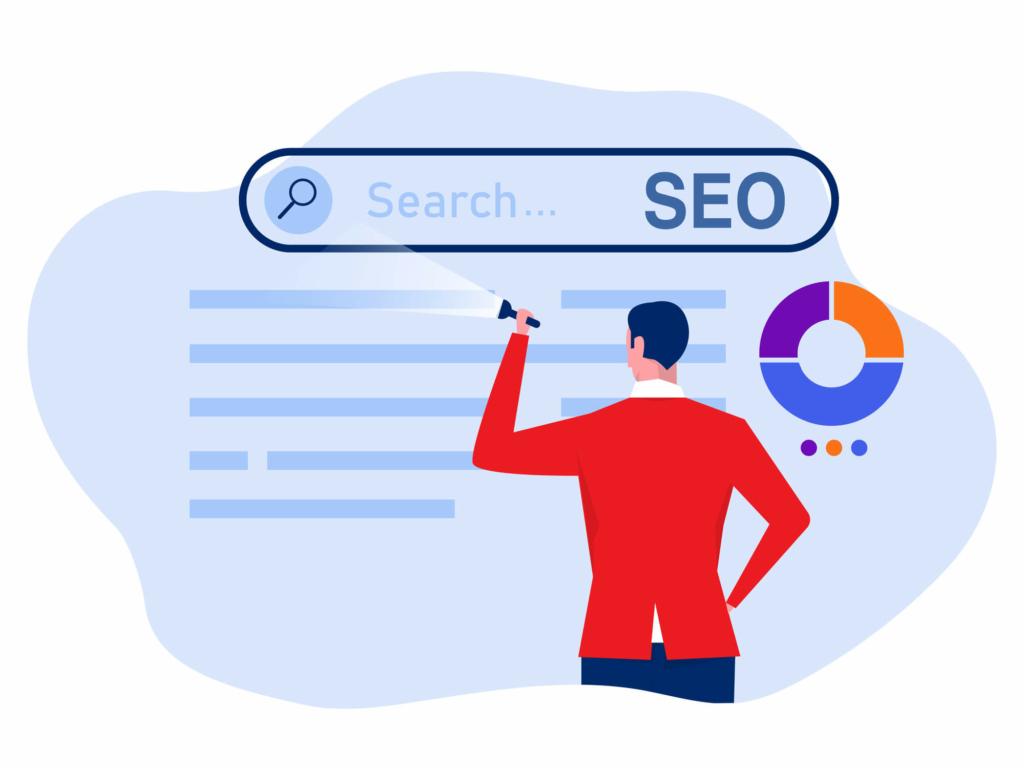 The image depicts an illustration of a person from behind, wearing a red shirt, standing in front of a stylized representation of a search engine results page.