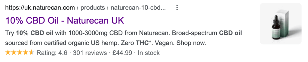 Google SERP showing Naturecan's CBD Oil page ranking in position 1 after NUOPTIMA's optimization work