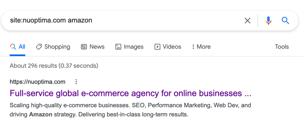Google site search showing 296 NUOPTIMA pages indexed that mention the word Amazon