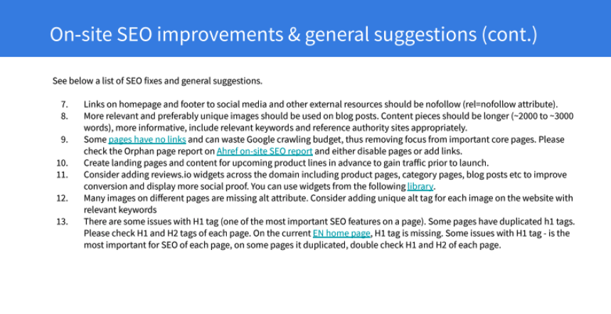 Second page from NUOPTIMA's SEO audit for VAAY showing further technical recommendations