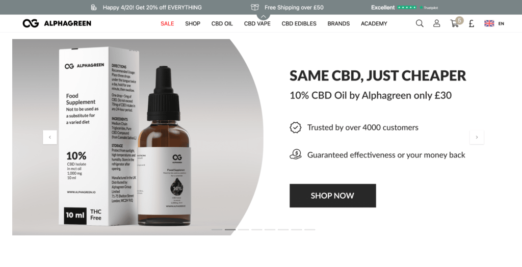 Alphagreen.io homepage showing the UK and Europe's leading CBD marketplace