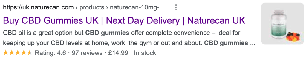 Google SERP showing Naturecan's CBD Gummies page ranking in the top 3 results after NUOPTIMA's optimization work