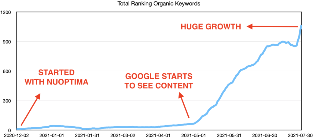 Line chart showing VAAY UK site organic keyword count rising from zero to over 1,000 across the 8-month engagement
