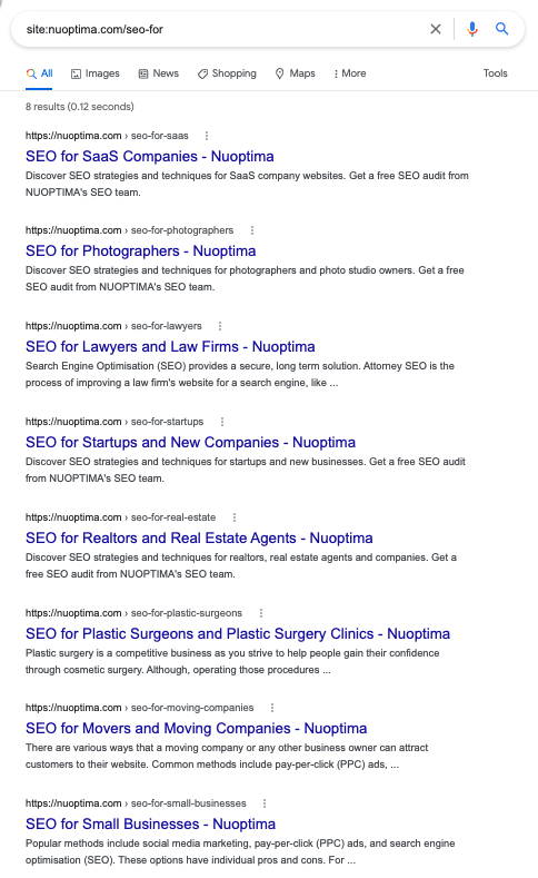 Ranking data showing NUOPTIMA's industry-specific SEO landing pages starting to rank