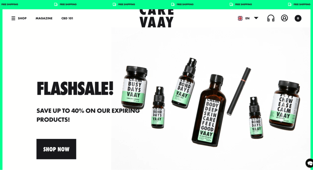 VAAY product lineup showing CBD oils, bath bombs, mouth sprays and massage oils against a clean brand background