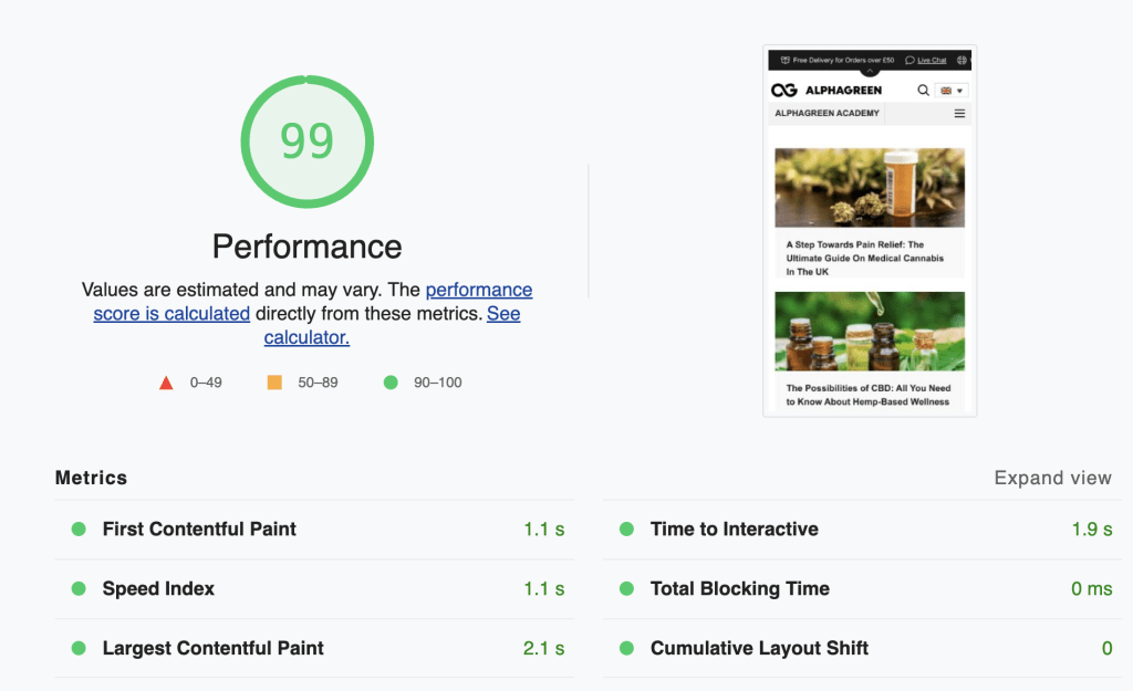 Google Web Dev Performance report showing a 99/100 score with all green metrics for Alphagreen