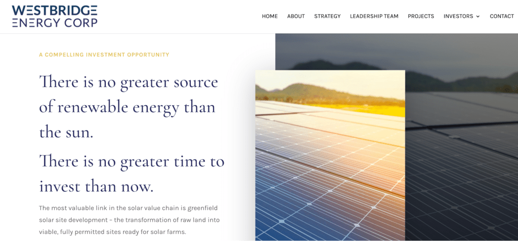 Westbridge Energy website hero showing its position pioneering the renewable energy sector
