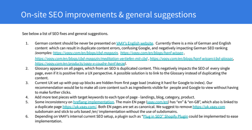 Page from NUOPTIMA's 20-page SEO audit for VAAY showing technical issues and recommended fixes