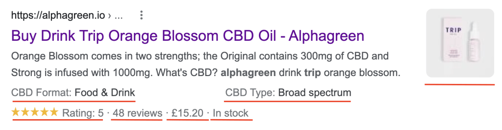 Google search results showing multiple rich features for Alphagreen, including ratings and product schema