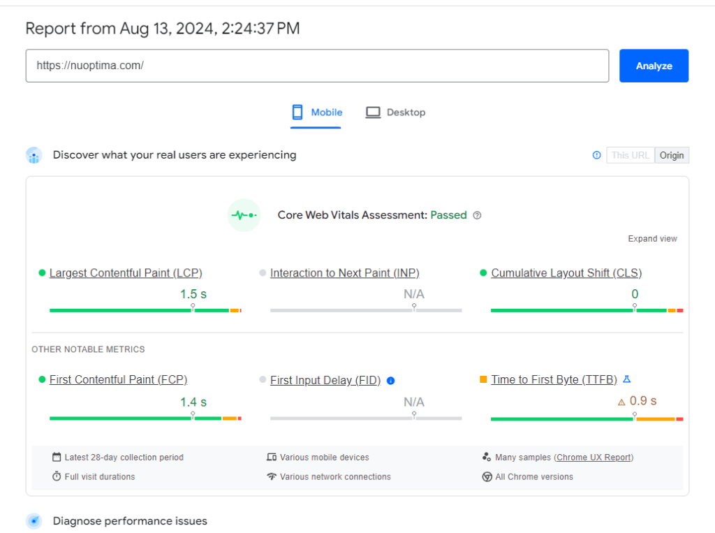 Screenshot of PageSpeed Insights for NUOPTIMA’s website. 
