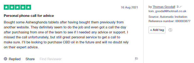 Alphagreen Trustpilot review praising product quality and customer care
