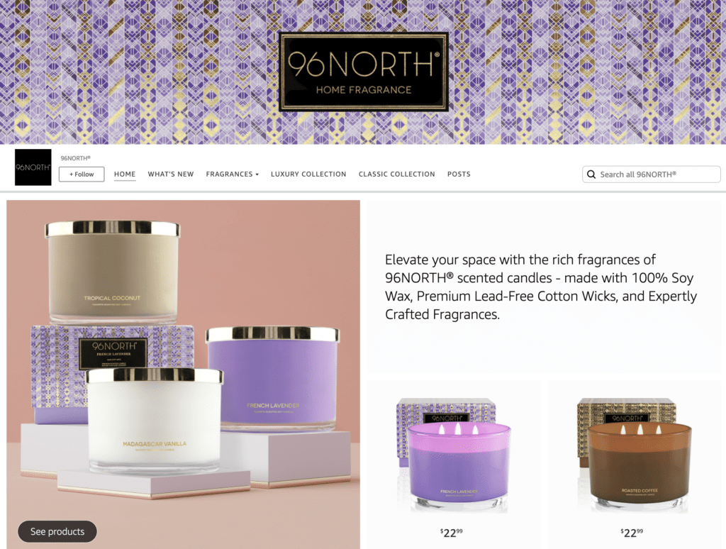 96North all-natural soy wax candle product line on Amazon