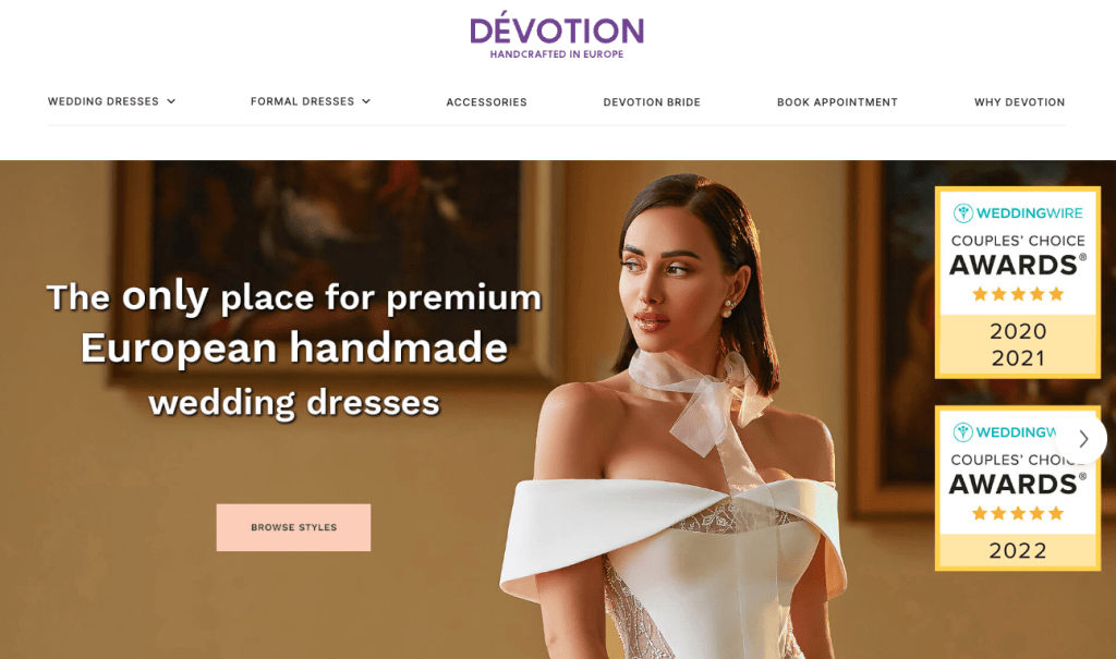Devotion Dresses ecommerce website showing the luxury wedding dress catalog