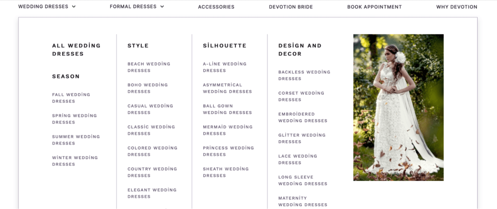 Devotion Dresses navigation bar updated to include the 42 new collection page categories