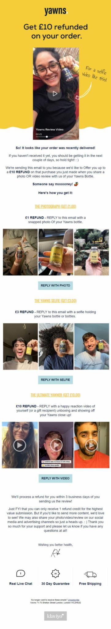 Yawns UGC flow email full view