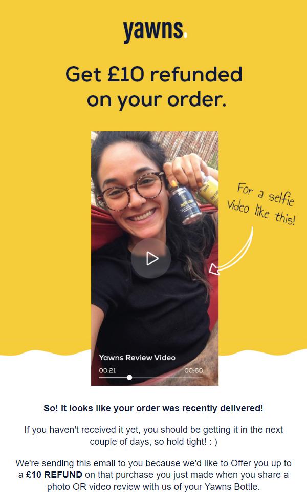 Yawns UGC email asking customers to submit a photo or video for a discount