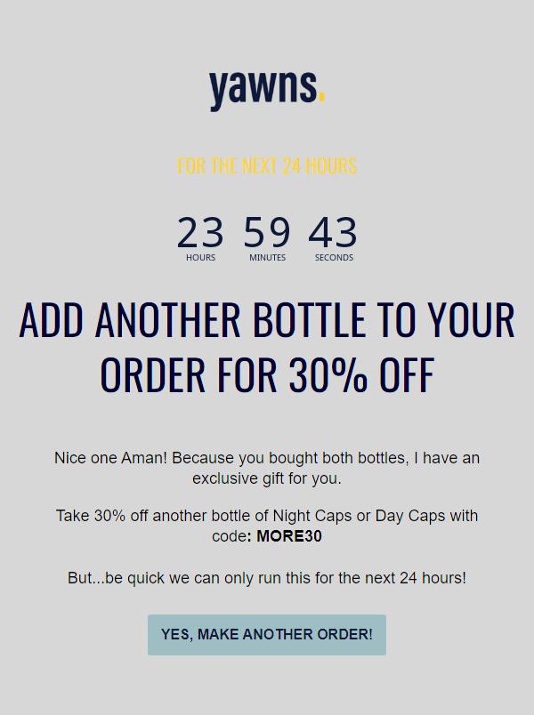 Yawns post-purchase replenishment email at 30 days