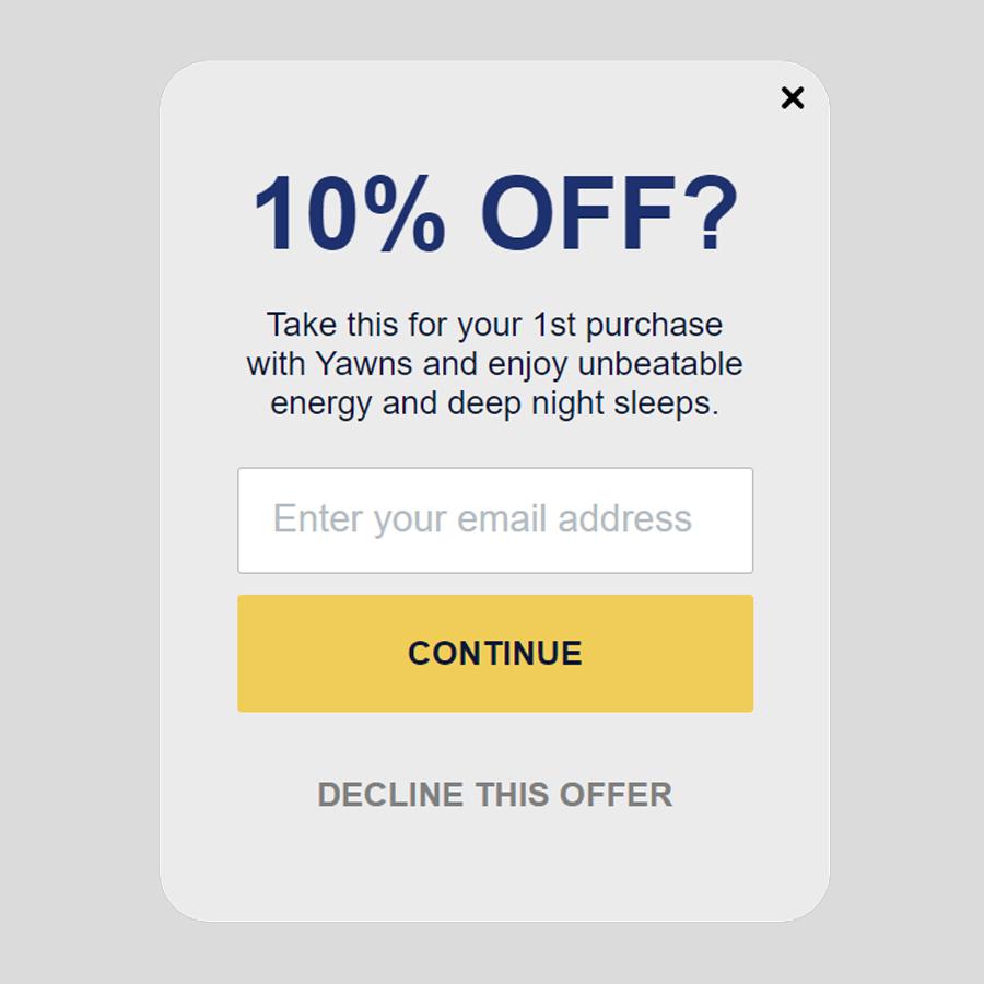 Yawns welcome discount signup form, step one