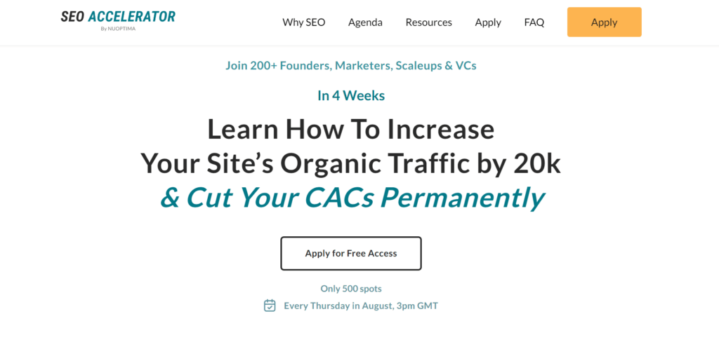 SEO Accelerator landing page headline promising to increase organic traffic by 20k and cut CACs