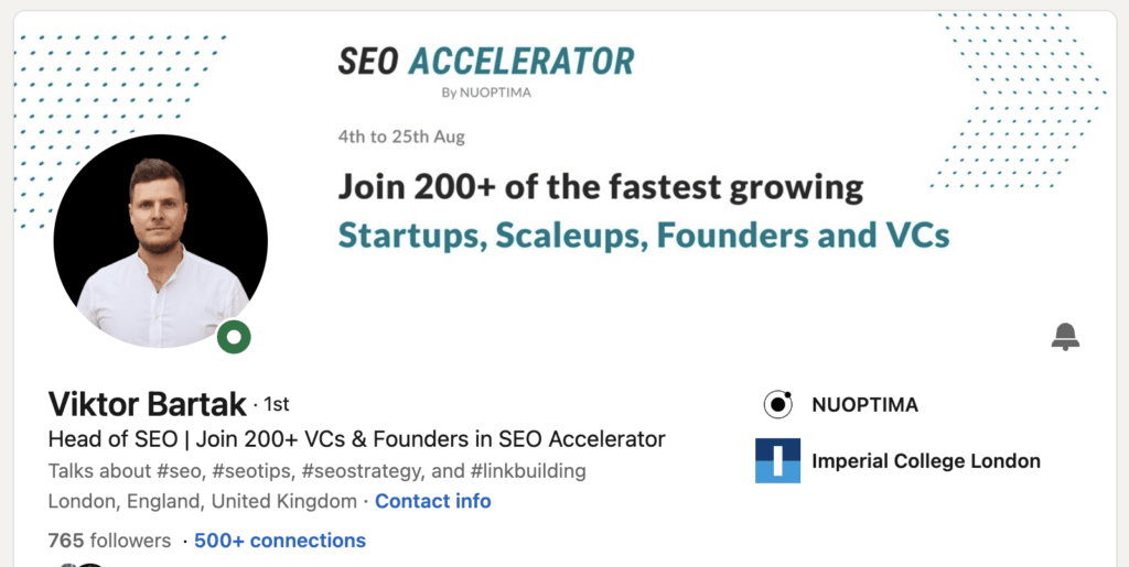 Optimized personal LinkedIn profile set up to promote the SEO Accelerator