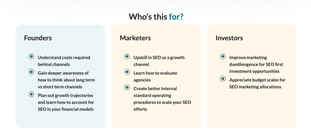 Landing page section mapping each SEO Accelerator session to the job titles it suits best