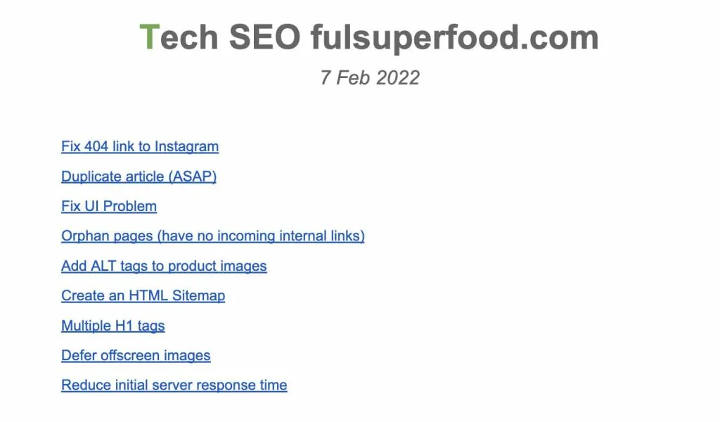Technical SEO audit brief sent to FUL's development team in month two of the engagement