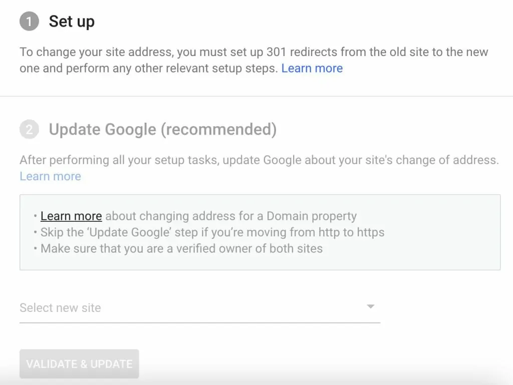 Google Search Console change of address settings panel used to notify Google of FUL's domain migration
