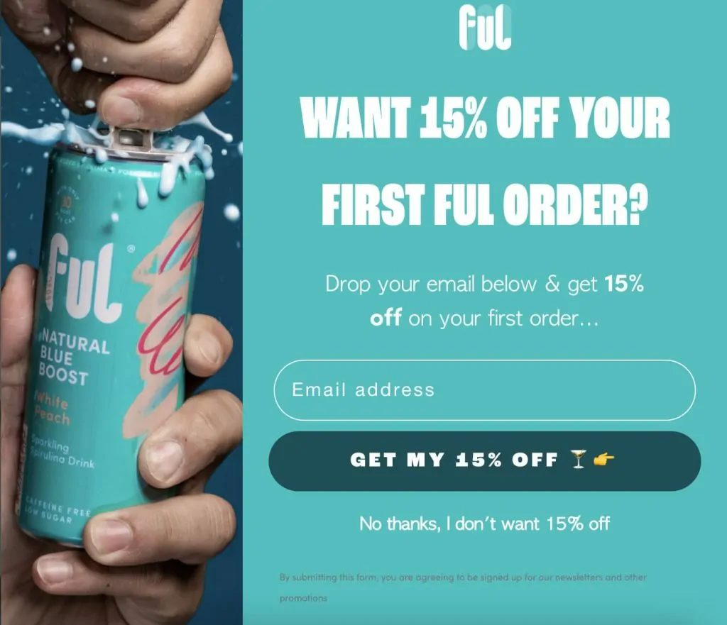 FUL website pop-up offering 15% discount in exchange for email signup
