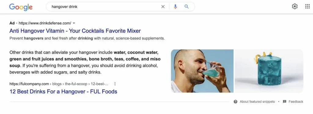 Google SERP showing the FUL hangover drinks article ranking first, directly below paid ads