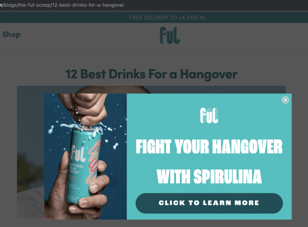 FUL contextual pop-up encouraging blog visitors to visit the product page