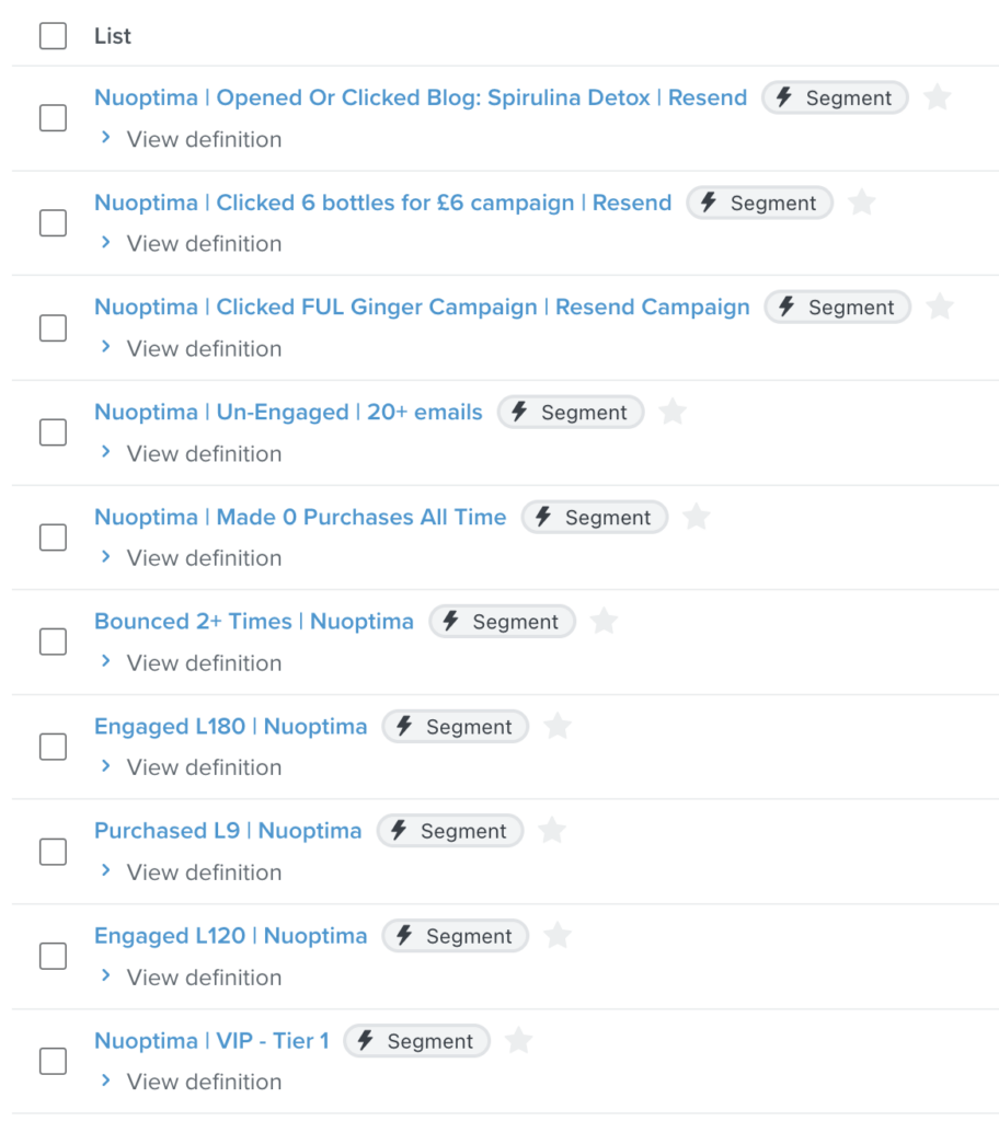 FUL Klaviyo segment list showing 30+ audience segments organized by engagement and purchase behavior