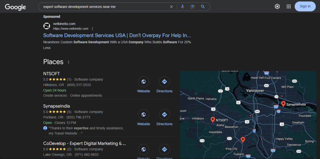 Google SERPS showing places section for “expert software development services near me” search query