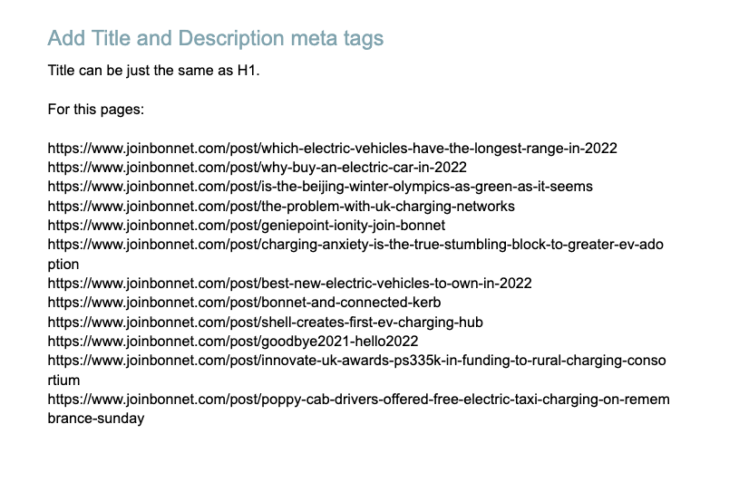 List of Bonnet URLs missing meta titles and descriptions flagged for the development team
