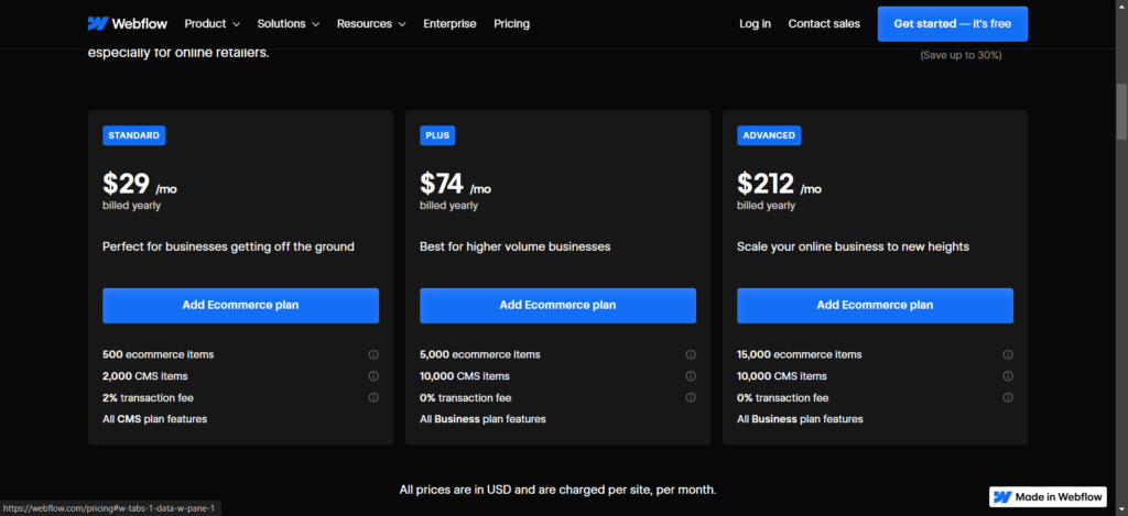 Webflow’s annual pricing for site plans