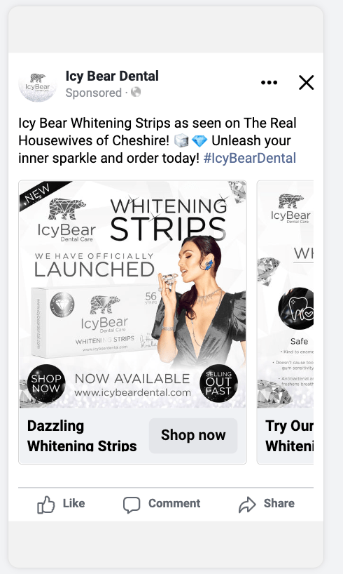 Icy Bear Facebook carousel ad creative showing whitening product range