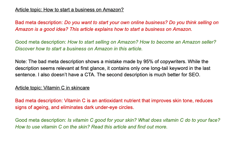 Good versus bad meta description examples with explanations provided to Bonnet