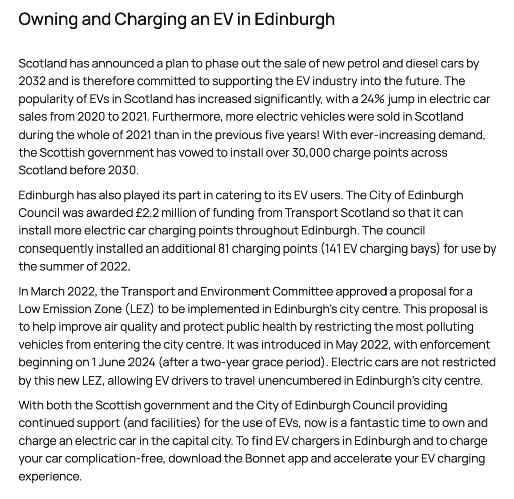Location-specific EV content covering charging stations and emissions regulation on a Bonnet page