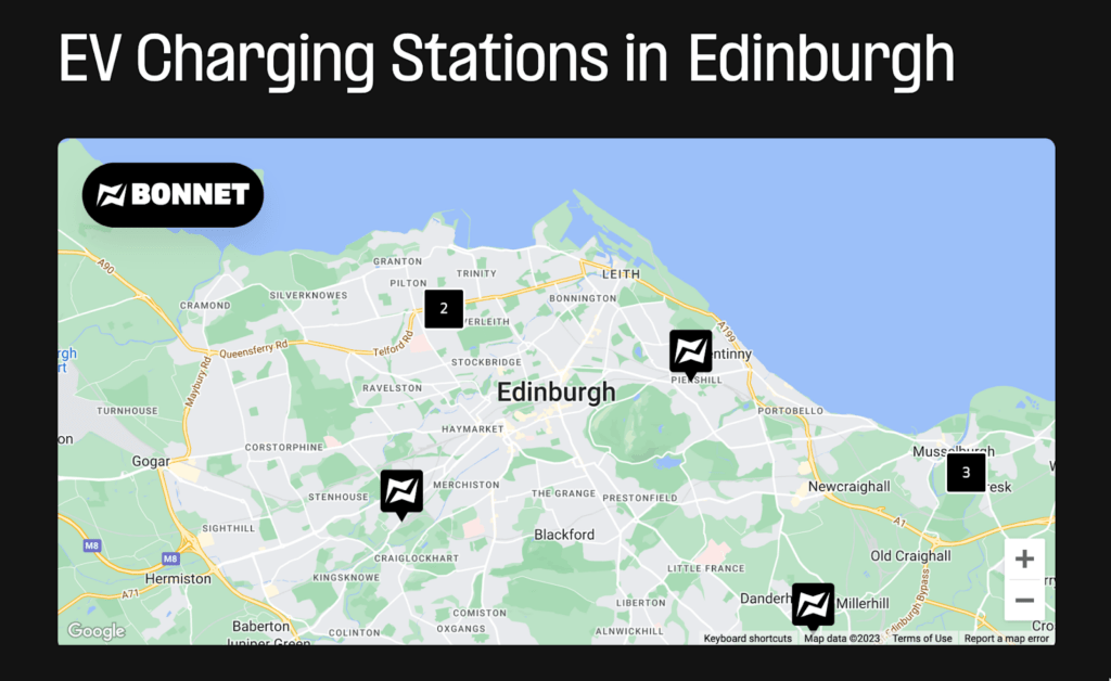 Bonnet location page with an interactive charging station map at the top