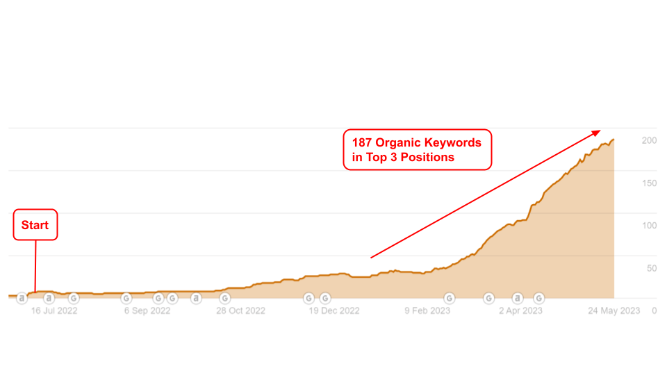 Chart of Bonnet keyword rankings in positions 1 to 3 growing from 7 to 187