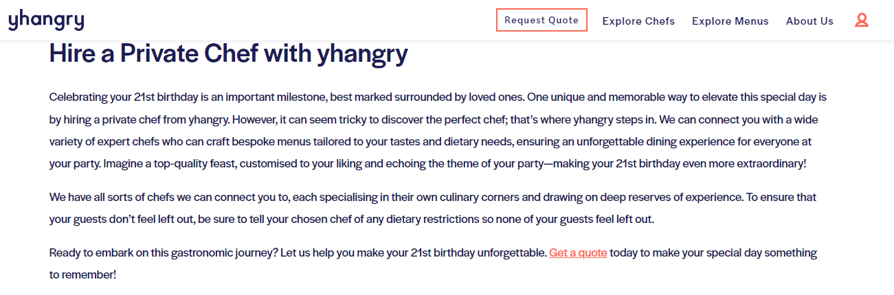 Yhangry article with two book-a-chef call-to-action buttons placed in the text