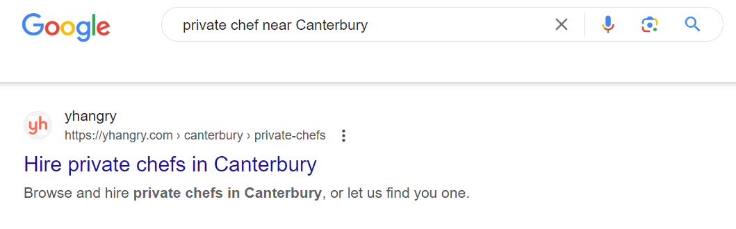 First-page Google ranking for a private chef hire search